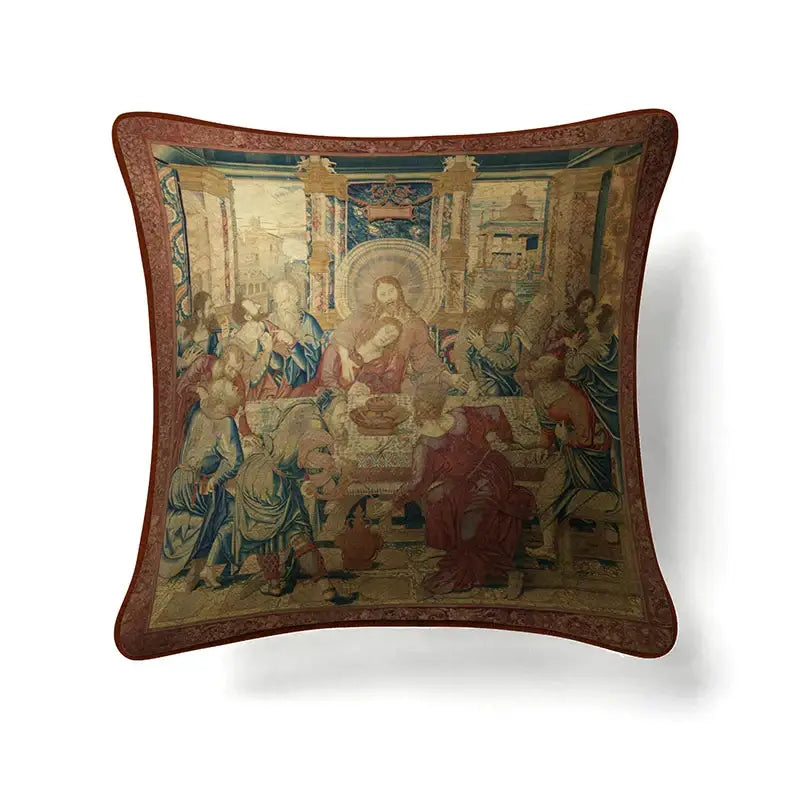 Square pillow cover with last supper tapestry design in red blue and gold tones by decorbites circular swallows decor