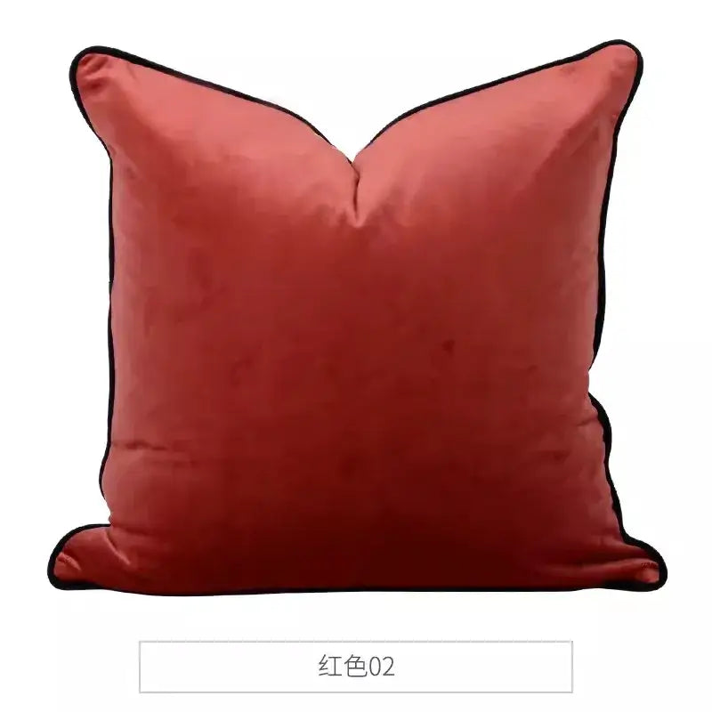 A plush coral-red velvet cushion cover with black piping trim for decorbites circus horse print living room decor