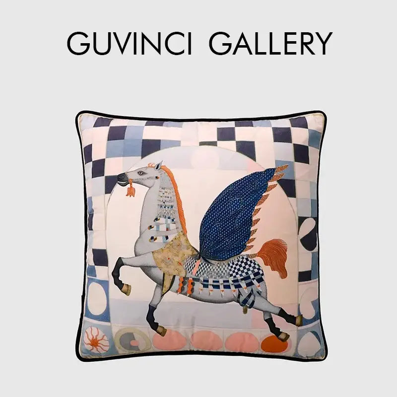 Square blue velvet cushion cover with decorbites circus horse print featuring a winged horse geometric pattern