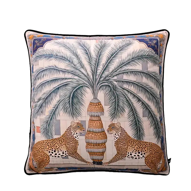 Square blue velvet cushion cover with circus horse print featuring two spotted leopards and palm tree decorbites decor