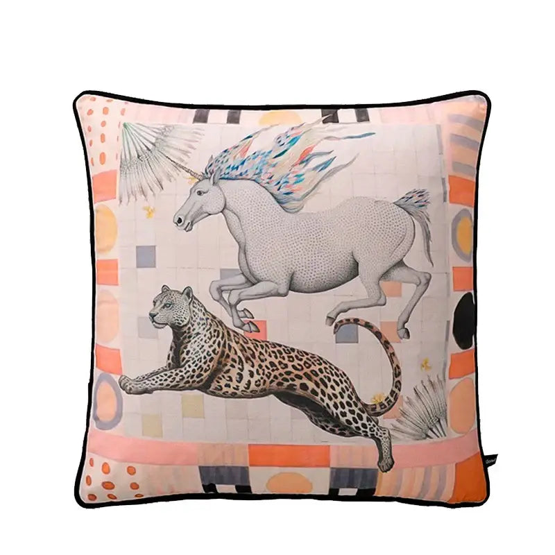 Square blue velvet cushion cover with circus horse print featuring a white unicorn and spotted leopard decorbites decorbites circus horse