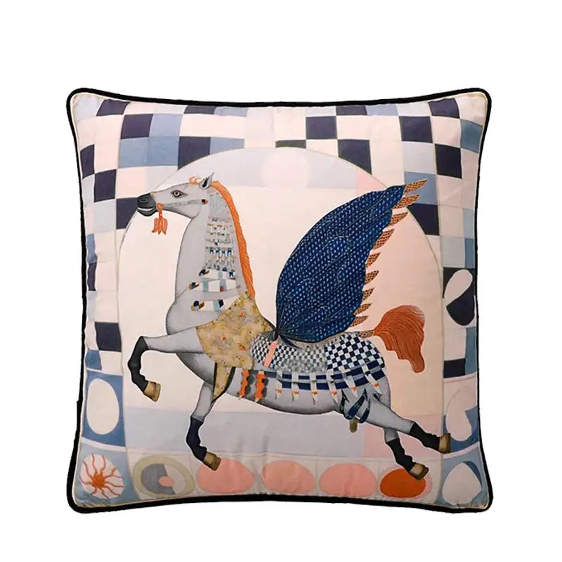 Square blue velvet cushion cover with decorbites circus horse print featuring stylized winged horse and patchwork design