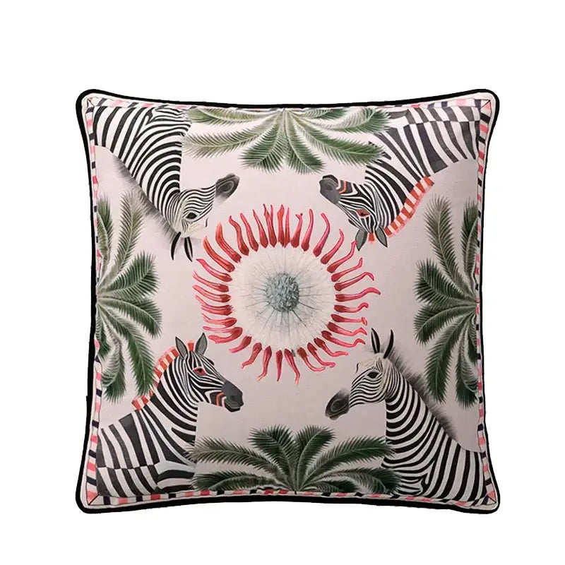 Square cushion cover with vibrant tropical design featuring zebras and floral motif for decorbites circus horse print decor