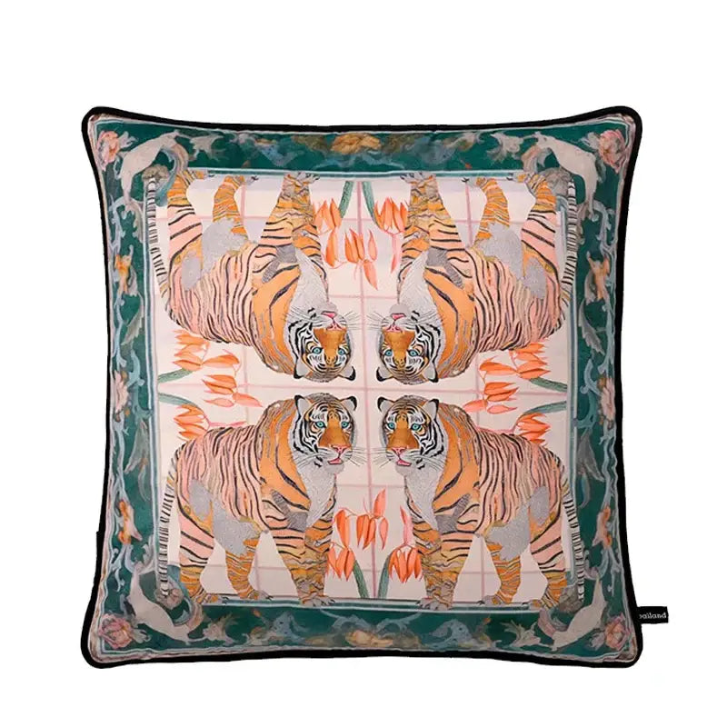 Square cushion cover featuring a vibrant tiger design with floral accents and ornate green border for decorbites circus horse print decorbites circus horse print blue velvet cushion cover living room decor