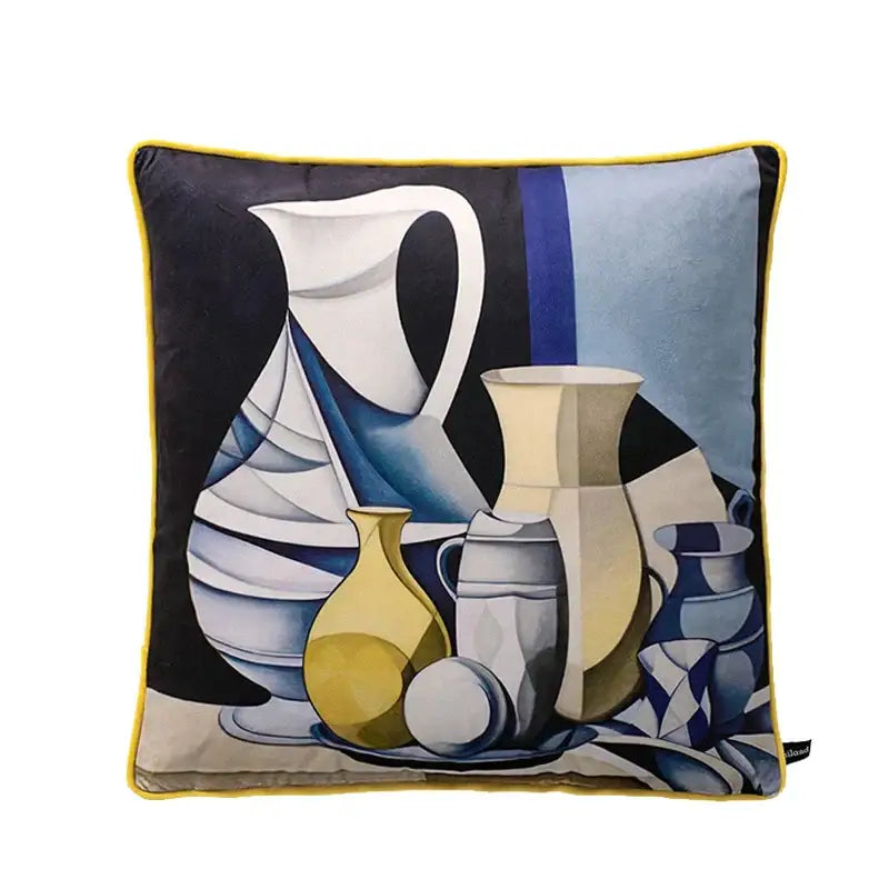 Square blue velvet cushion cover with decorbites circus horse print featuring stylized pitchers for living room decor