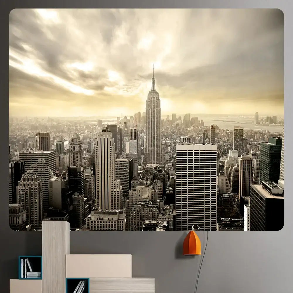 Sepia-toned city night bohemian decor tapestry wall hanging featuring empire state building for living room decorbites city night