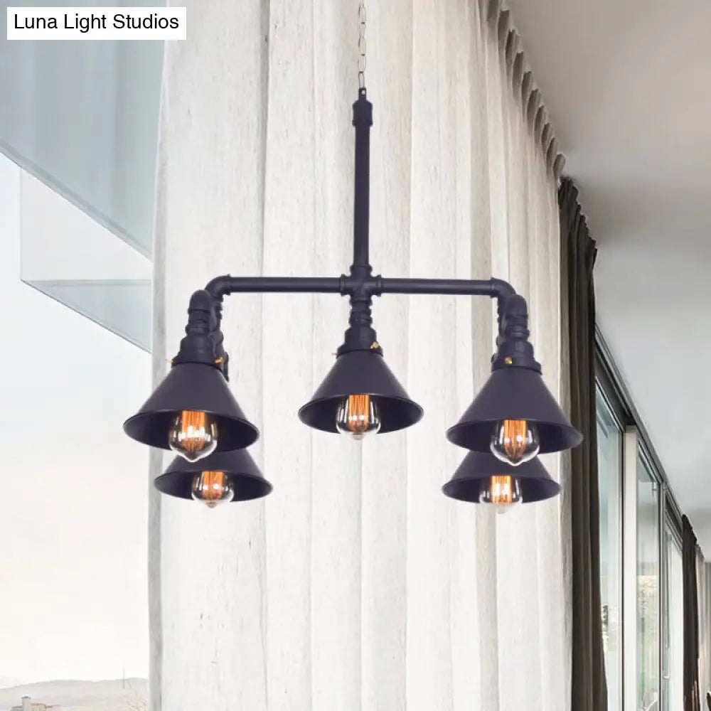 Clara - Farmhouse Metal Cone Pendant Chandelier Farmhouse 5-Bulb Living Room Ceiling Hang Fixture in Black/Bronze