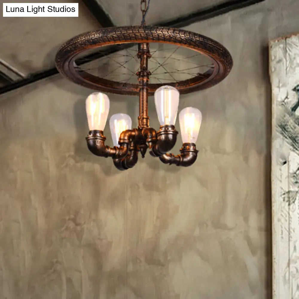 Clara - Retro Wagon Wheel Metal Light Chandelier Retro Rustic 4-Light Dining Room Pendant Lighting in Bronze