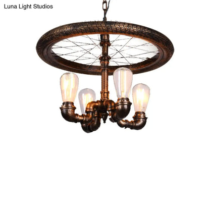 Clara - Retro Wagon Wheel Metal Light Chandelier Retro Rustic 4-Light Dining Room Pendant Lighting in Bronze