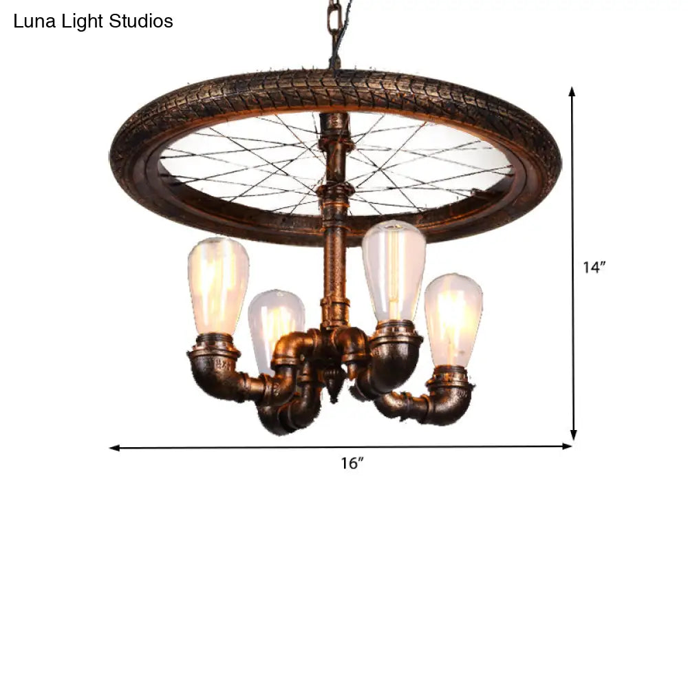 Clara - Retro Wagon Wheel Metal Light Chandelier Retro Rustic 4-Light Dining Room Pendant Lighting in Bronze