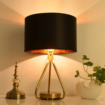 Classic 1-Light Black/White Drum Fabric Desk Lamp with Metal Base