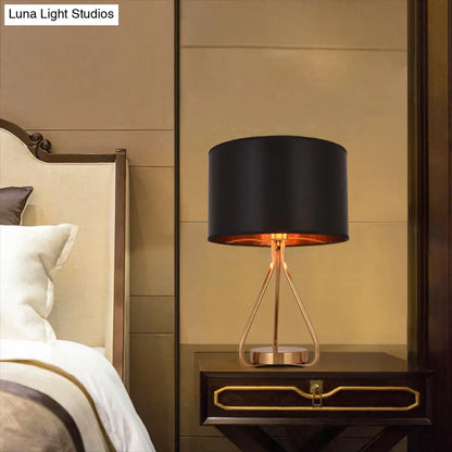 Classic 1-Light Black/White Drum Fabric Desk Lamp with Metal Base