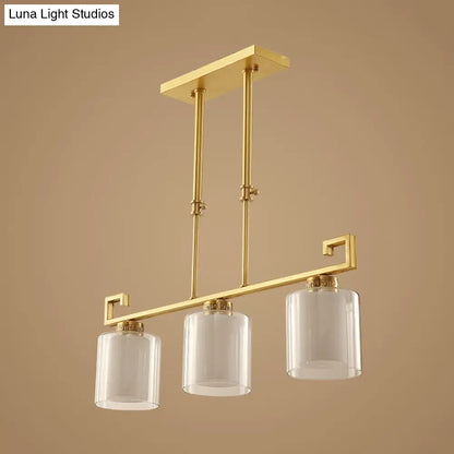DecorBites™ Classic 2-Layer Cylinder Island Lighting: Clear and Opal Glass Pendulum Lamp, 3 Heads, Brass Finish