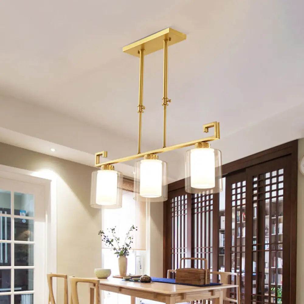 DecorBites™ Classic 2-Layer Cylinder Island Lighting: Clear and Opal Glass Pendulum Lamp, 3 Heads, Brass Finish