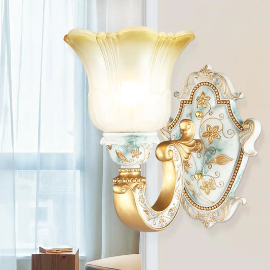 Classic Amber and White Glass Wall Mount Lamp with Fading Glow, Gold Finish