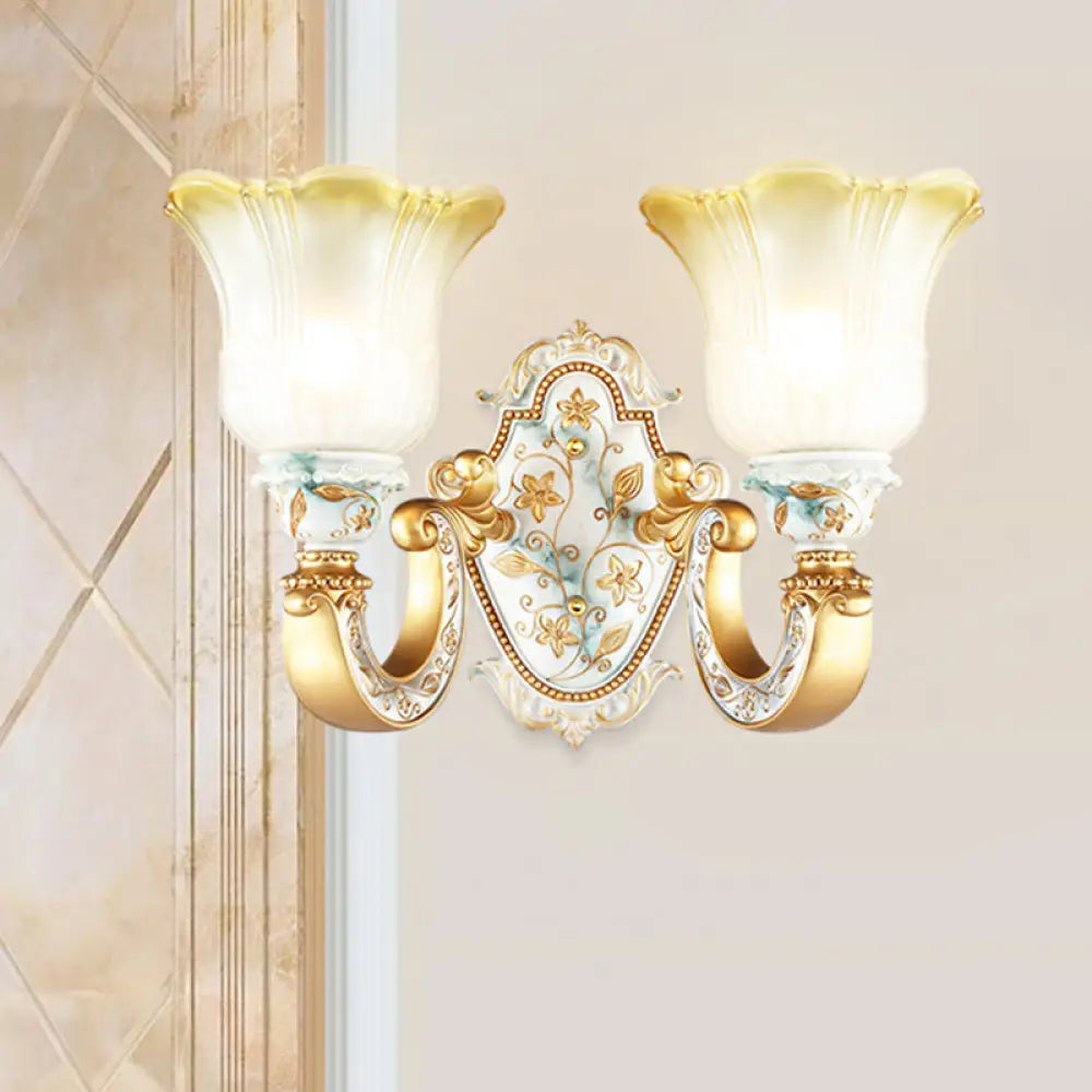 Classic Amber and White Glass Wall Mount Lamp with Fading Glow, Gold Finish