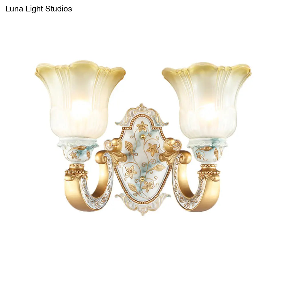 Classic Amber and White Glass Wall Mount Lamp with Fading Glow, Gold Finish