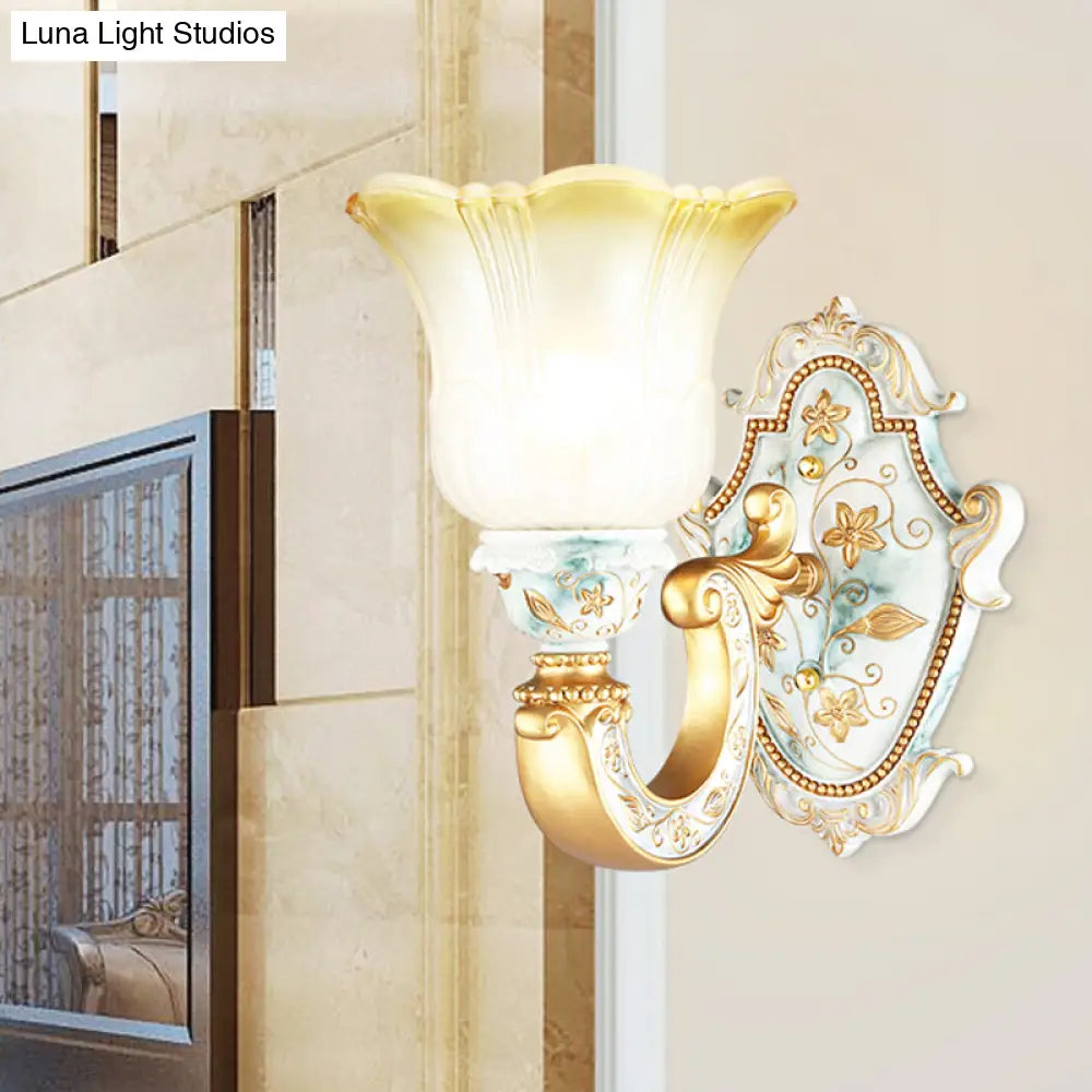 Classic Amber and White Glass Wall Mount Lamp with Fading Glow, Gold Finish