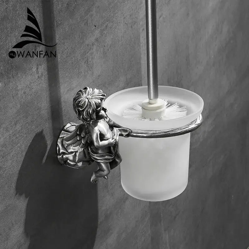Classic angel brass toilet brush holder with antique silver angel theme frosted glass cup and chrome metal ring decorbites classic angel