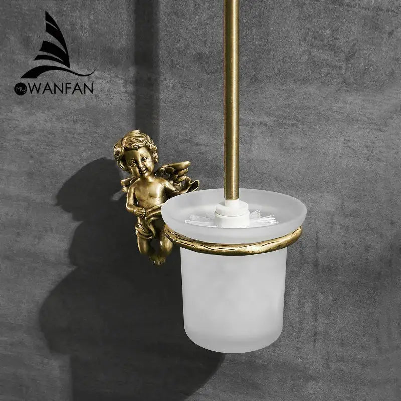 Classic angel brass toilet brush and holder with gold-plated angel design frosted glass cup and matching brass rod for bathroom decorbites classic angel