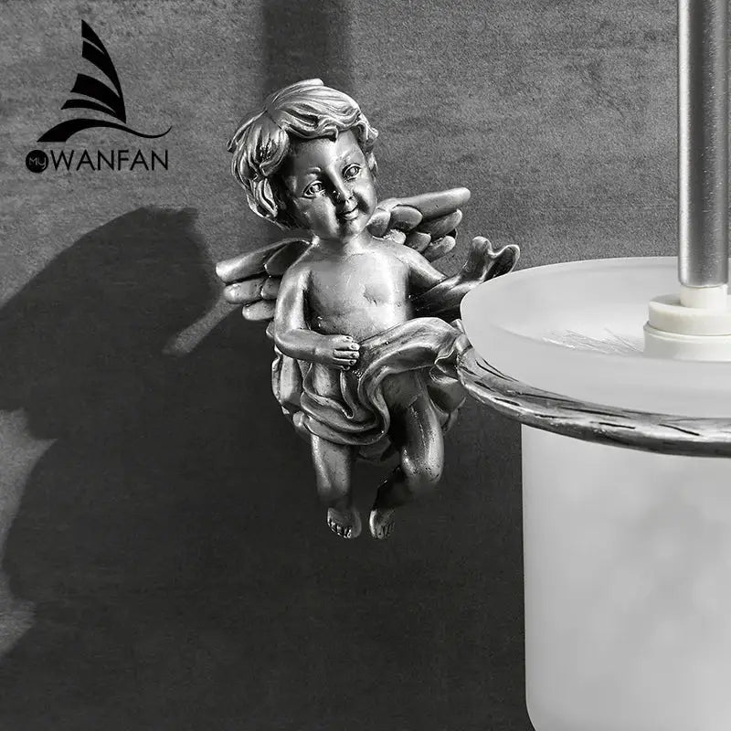 Silver angel brass toilet brush holder with detailed wings and draped fabric decorbites classic angel bathroom decor