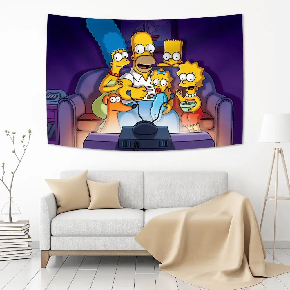 Vibrant purple and yellow simpsons family classic anime tapestry wall decorbites fabric panel for red and blue bedroom