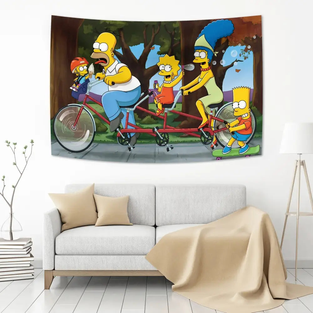 A vibrant red and blue classic anime tapestry wall featuring the Simpson family on a tandem bicycle decorbites classic anime