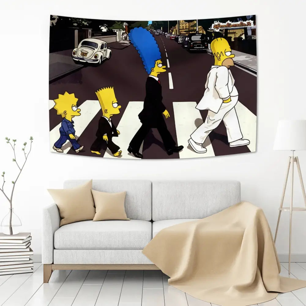 Classic anime tapestry wall featuring the simpsons crossing a street in red and blue fabric for decorbites classic anime decor