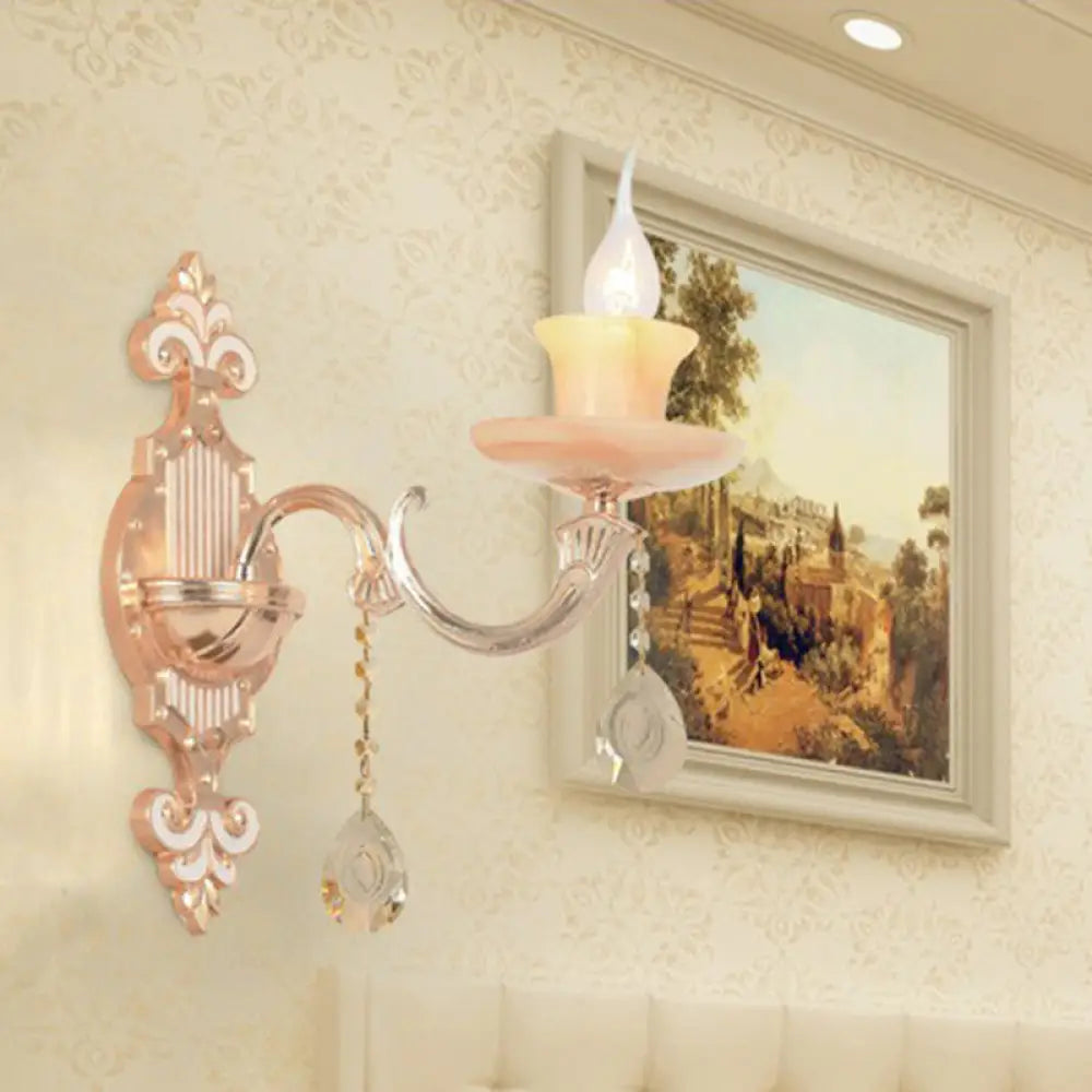 Classic Beige Candle Wall Sconce with Faux Jade Glass - Bedroom Lighting Fixture