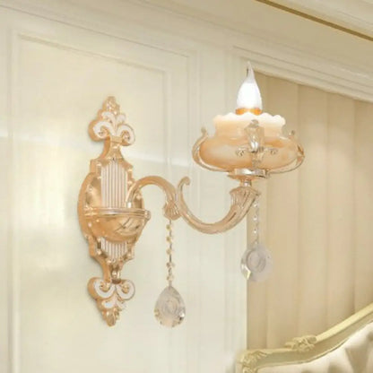 Classic Beige Candle Wall Sconce with Faux Jade Glass - Bedroom Lighting Fixture