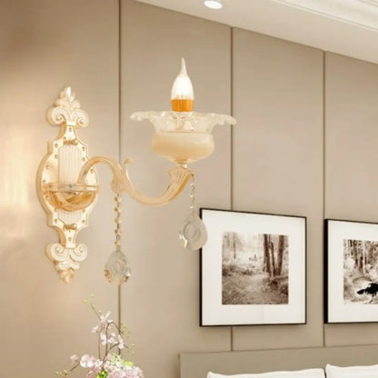 Classic Beige Candle Wall Sconce with Faux Jade Glass - Bedroom Lighting Fixture