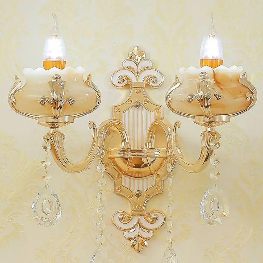 Classic Beige Candle Wall Sconce with Faux Jade Glass - Bedroom Lighting Fixture