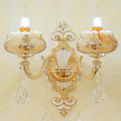 Classic Beige Candle Wall Sconce with Faux Jade Glass - Bedroom Lighting Fixture