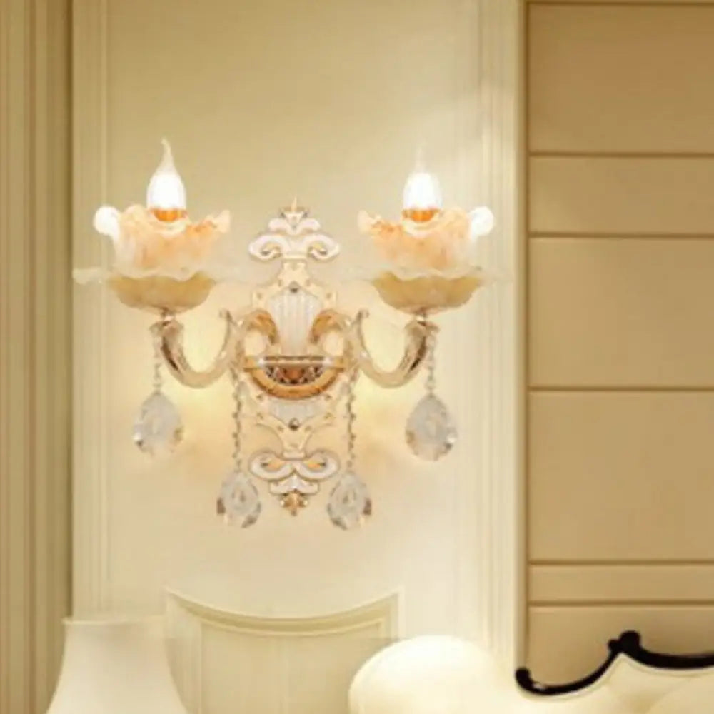 Classic Beige Candle Wall Sconce with Faux Jade Glass - Bedroom Lighting Fixture