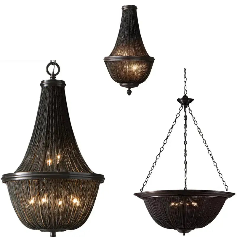 Classic black aluminum chain pendant lights dining room chandelier with black wrought iron intricate chain-link design and warm lights