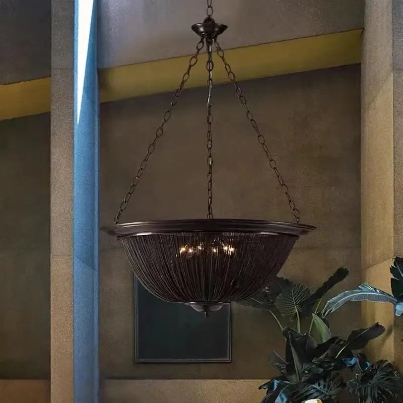 Dark bronze pendant lights with woven metal basket design and black aluminum chain for dining room decorbites chandelier