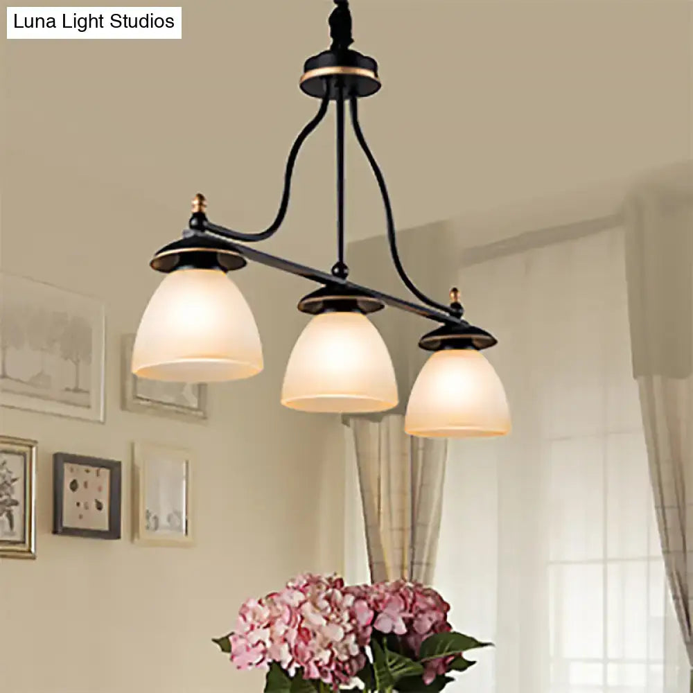 Black wrought iron pendant light with three frosted glass shades suitable for living room 220v-240v use