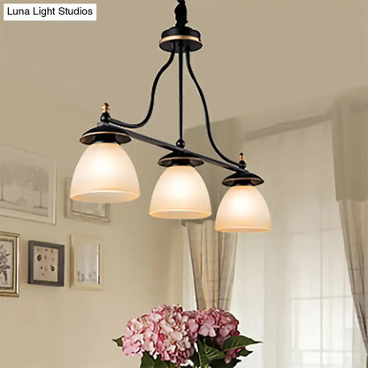 Black wrought iron pendant light with three frosted glass shades suitable for living room 220v-240v use