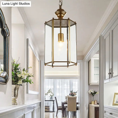 Classic Brass Lantern Pendant Light Fixture with Clear Glass - 1-Light Hanging Ceiling Lighting