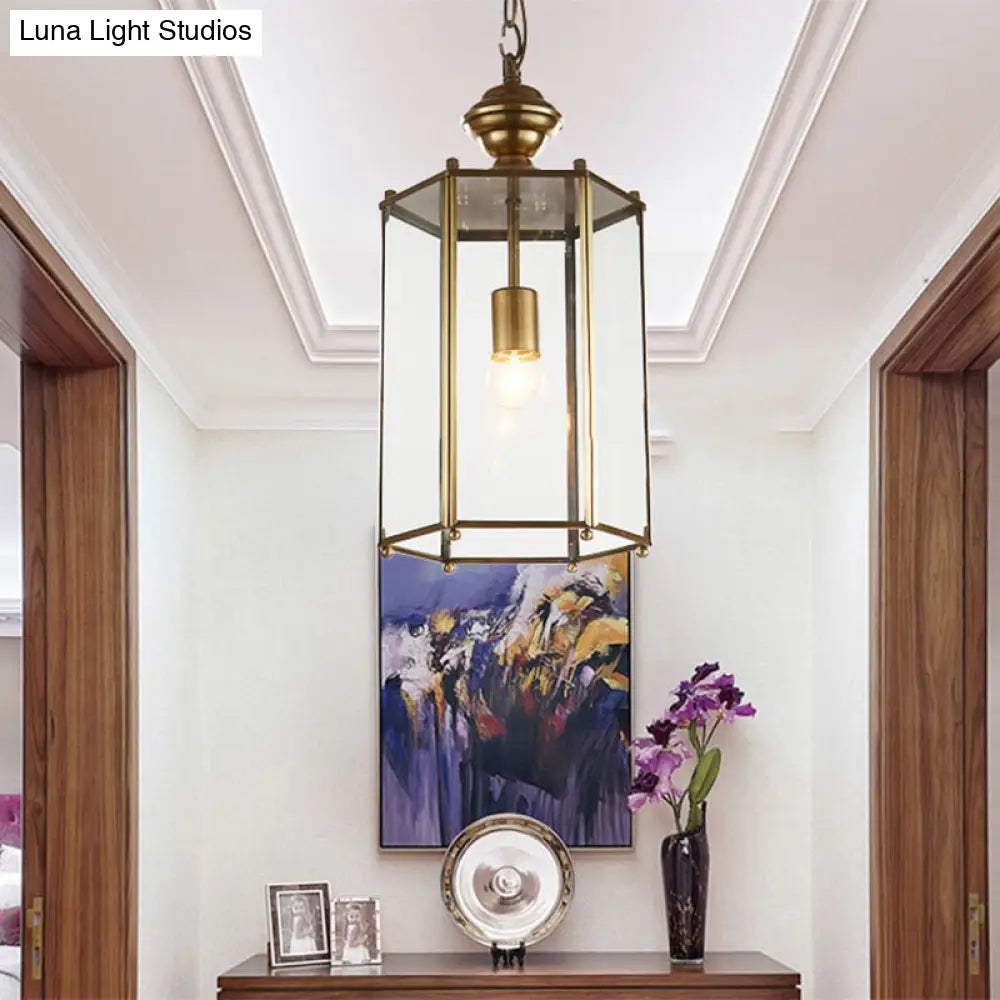 Classic Brass Lantern Pendant Light Fixture with Clear Glass - 1-Light Hanging Ceiling Lighting