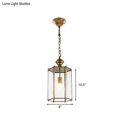 Classic Brass Lantern Pendant Light Fixture with Clear Glass - 1-Light Hanging Ceiling Lighting