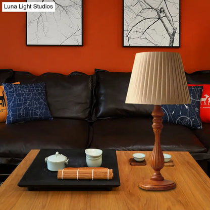 Classic Brown Table Lamp for Bedroom with Wood Base - Barrel Shape, 1 Light, Fabric Nightstand Light