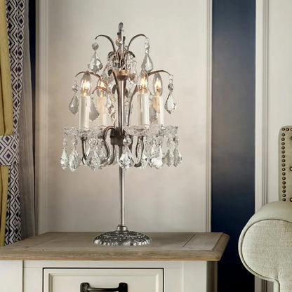 Classic Candelabra Table Lamp with 4 Crystal Drip Heads in White/Black - Perfect for Bedside Nightstand