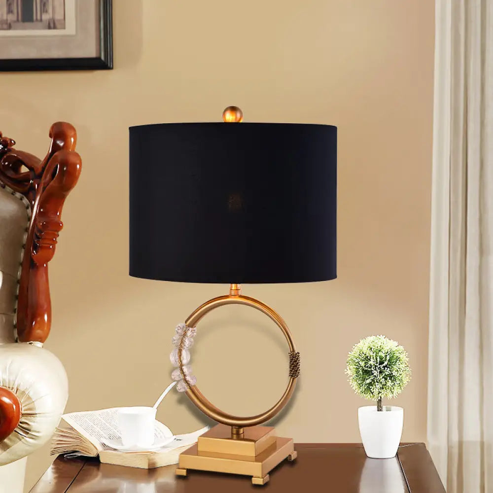 Classic Circular Brass Desk Lamp with Black Fabric Shade - 1 Bulb Task Lighting