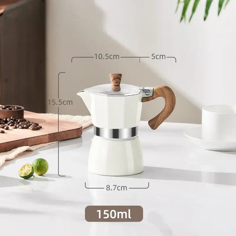 Cream-colored classic coffee machine moka pot with aluminum body, wooden handle and stainless steel band for kitchen use