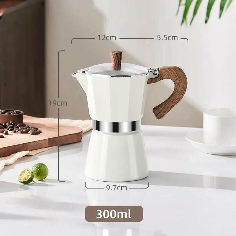 Classic cream aluminum moka pot coffee machine with white ceramic body wooden handle and stainless steel band