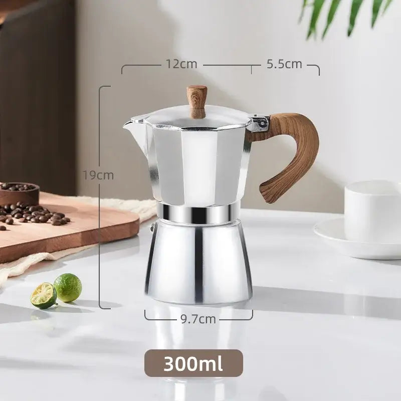 A sleek 300ml stainless steel classic coffee machine with polished finish and warm wood handle for home use