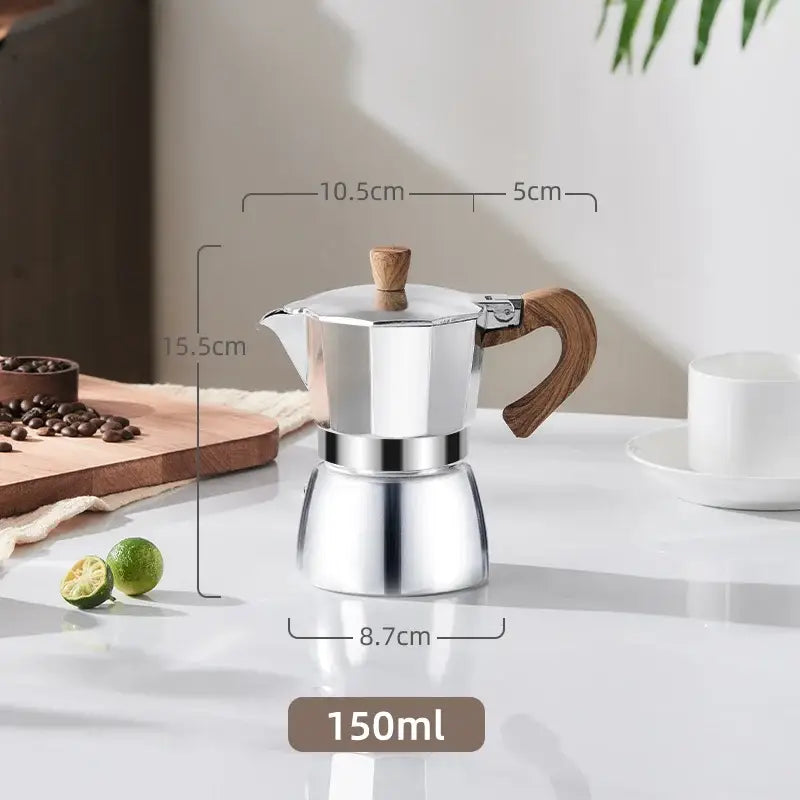 Stainless steel classic coffee machine with wooden handle and lid knob 150ml capacity moka pot for kitchen use