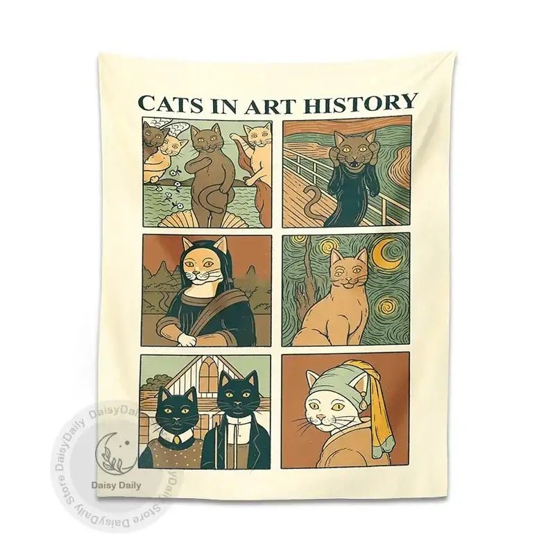 Cream-colored classic cat art tapestry wall hanging featuring six panels of famous art scenes for bedroom decorbites decor