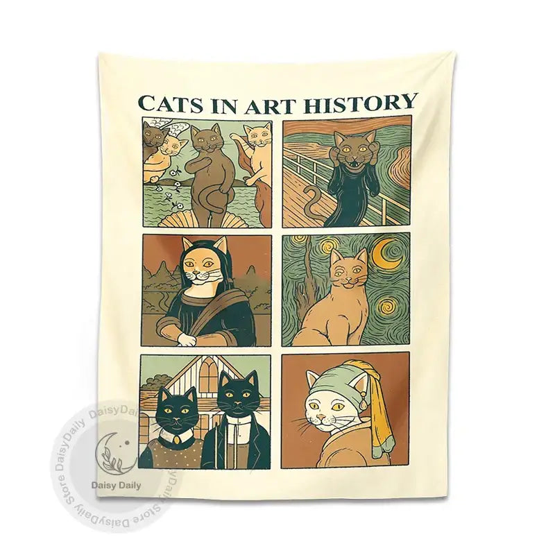 Cream-colored decorbites cat art tapestry wall hanging featuring six panels of cats as famous art pieces for bedroom decor